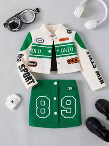 SHEIN Bộ 3 món/Bộ trang phục in họa tiết xe máy thời trang cho bé gái, Thu/Đông - màu xanh lá - Xem 1