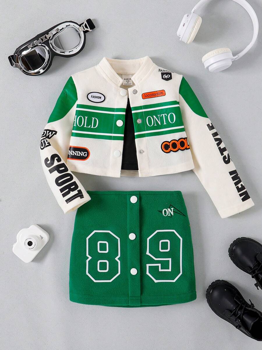 SHEIN Bộ 3 món/Bộ trang phục in họa tiết xe máy thời trang cho bé gái, Thu/Đông - màu xanh lá - Xem 1