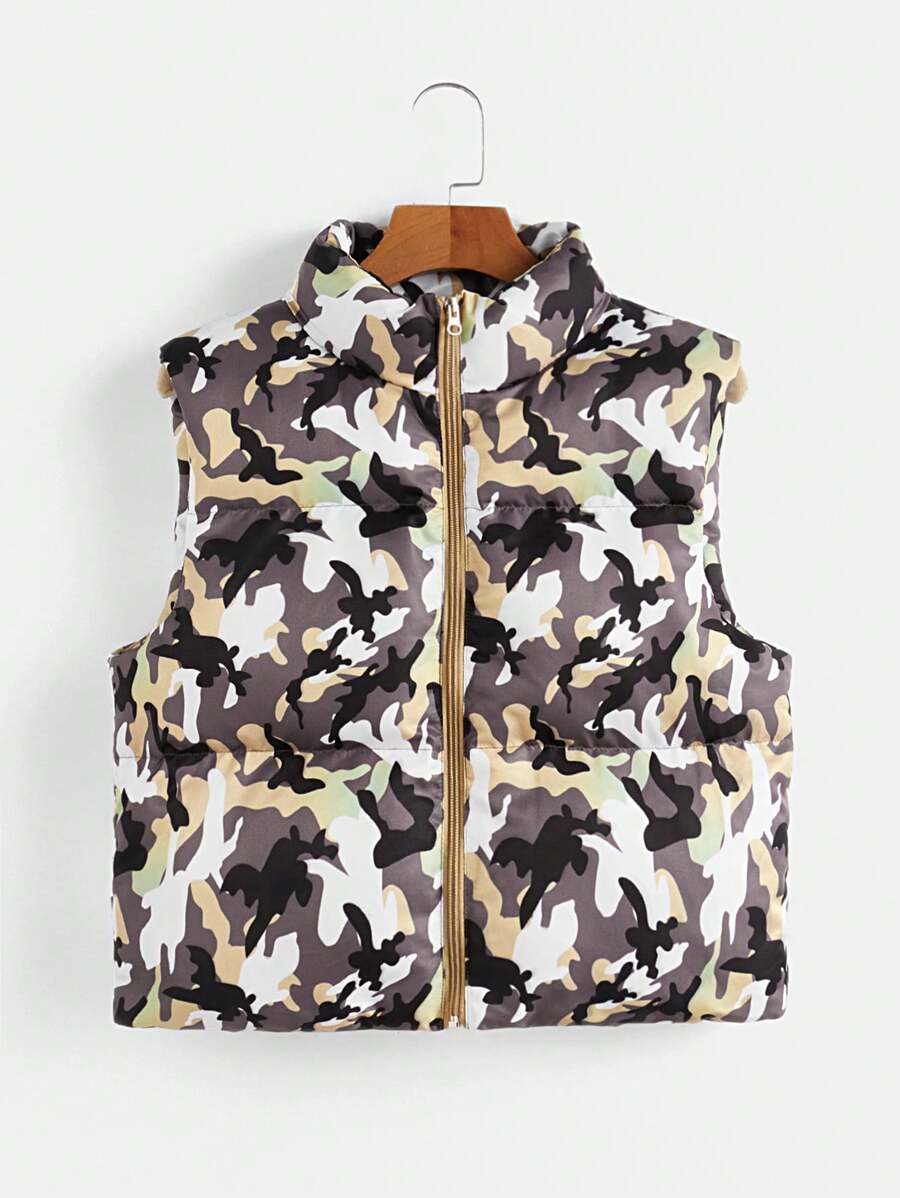 SHEIN Casual Camouflage Print Stand Collar Sleeveless Sports Jacket - Multicolor - View 1