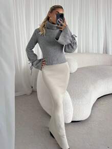 SHEIN Unity Women Plain High Neck Long Sleeve Tie Front Simple Casual Sweater, For Everyday Wear, Knit Pullover Fall Winter - Grey - View 6