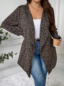 SHEIN LUNE Plus Size Women Leopard Print Long Sleeve Open Front Loose Long Casual Jacket For Autumn/Winter Holiday Outfit Thermal