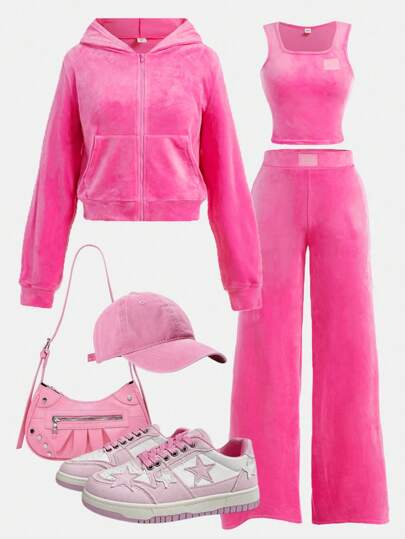 SHEIN Girlism Teen Girl 3pcs/Set Casual All-Match Comfort Graphic Tank Top, Jacket And Pants Suit, Pink, Autumn/Winter