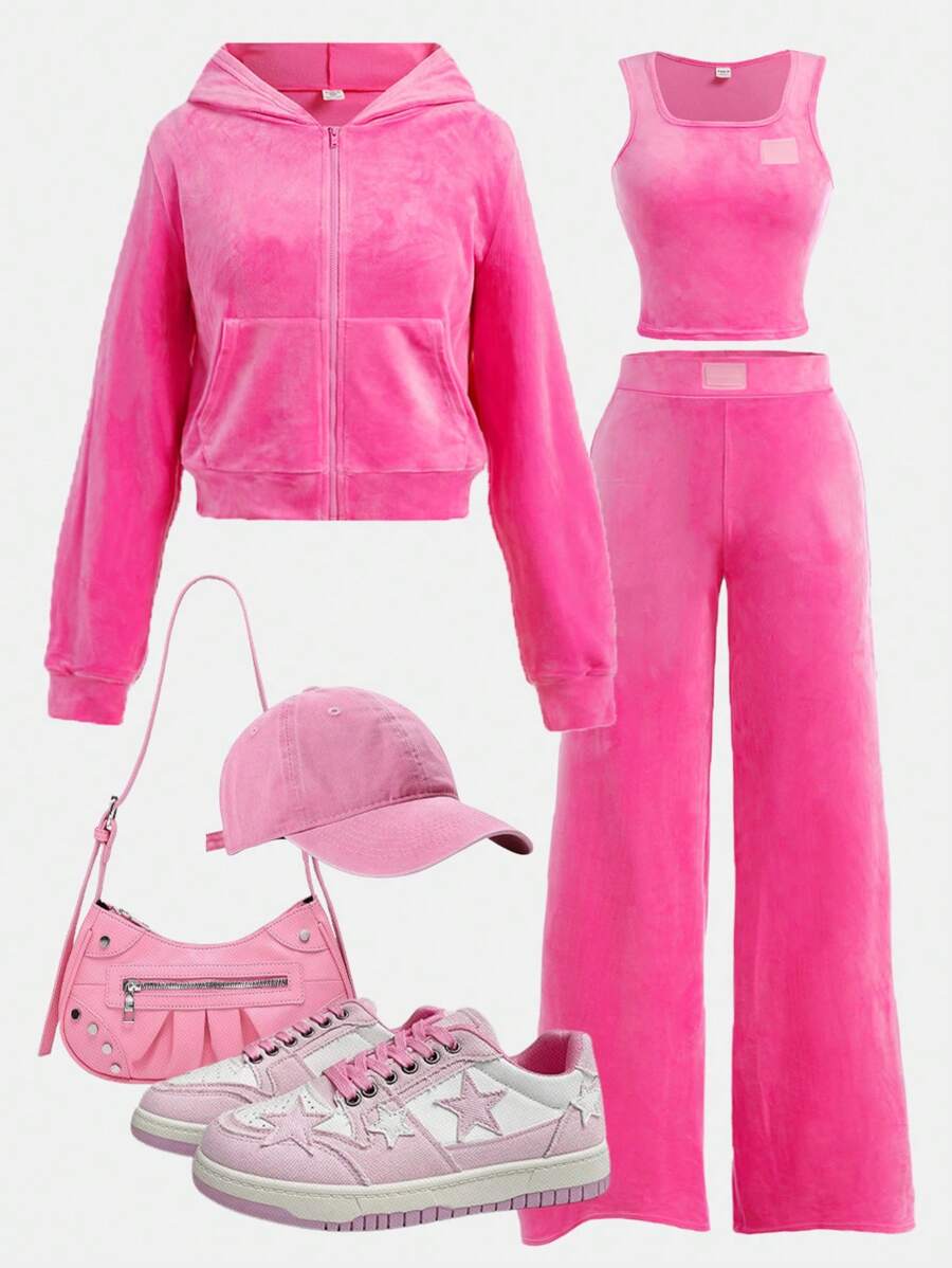 SHEIN Girlism Teen Girl 3pcs/Set Casual All-Match Comfort Graphic Tank Top, Jacket And Pants Suit, Pink, Autumn/Winter - Pink - View 1