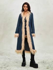 ROMWE Grunge Punk Y2K Patchwork Fuzzy Denim Cinched Waist Long Jacket - Blue - View 4