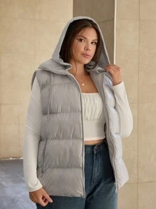 RueChic Plus Womens Zip Up Drawstring Hooded Vest Padded Coat - Light Grey - View 1