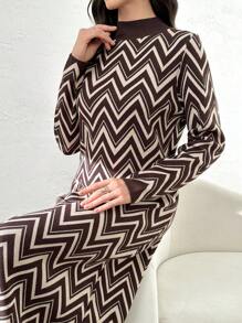 Graceveil 1 件女式全印花立领优雅长袖毛衣针织连衣裙 - 彩色 - 查看 6