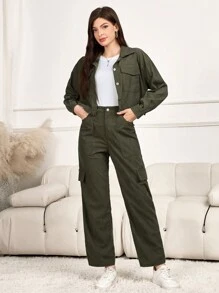 Mulvari Bộ 2 chiếc nhung kẻ thời trang hiện đại thanh lịch dành cho nữ - xanh quân đội - Xem 1
