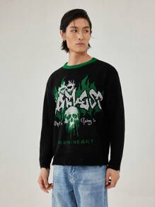 Manfinity Roghcode Men's Solid Color Splice Round Neck Long Sleeve Graphic Detail Simple Casual Sweater