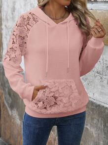 SHEIN LUNE Áo nỉ trùm đầu dệt kim ren chắp vá thường ngày cho nữ mùa thu/đông, áo dài tay - Hồng - Xem 5