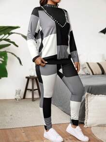 Calvaya Plus Size Casual Colorblock Plaid Beaded Decor Long Sleeve Top, Pants & Vest 3pcs Suit Set, Autumn