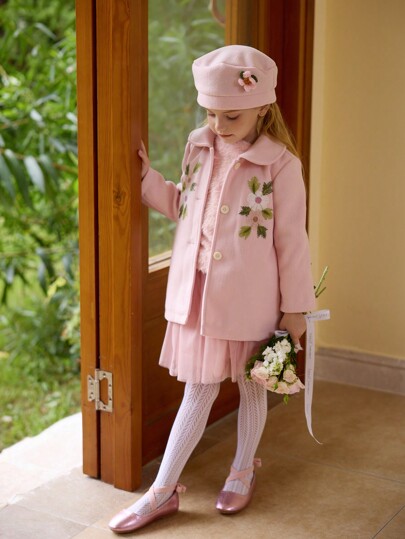 SHEIN 女孩年轻女孩秋冬长袖花卉刺绣印花 Polo 领休闲优雅外套带刺绣帽子，厚料