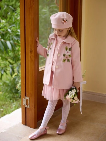 SHEIN 女孩年轻女孩秋冬长袖花卉刺绣印花 Polo 领休闲优雅外套带刺绣帽子，厚料