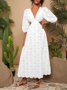 Travachic Vestido bordado con escote en V tejido de estilo festivo, vestido con mangas abullonadas de otoño, ropa de mujer de otoño, vestidos de mujer, mujer alta, vestido largo, vestido de mujer de otoño