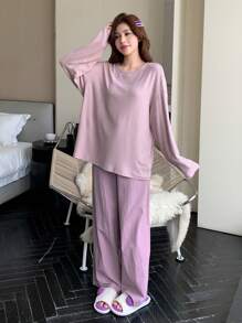 DAZY 纯色羊毛休闲宽松睡衣套装 - 紫色 - 查看 4