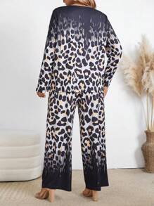 2pcs/Set Plus Size Casual Leopard Print Knit Crew Neck Outfit For Women