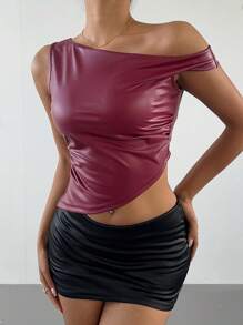 Aloruh Blusa asimétrica con hombro oblicuo, (PU), elegante y sexy, para fiesta/citas/ocasiones formales, para mujeres