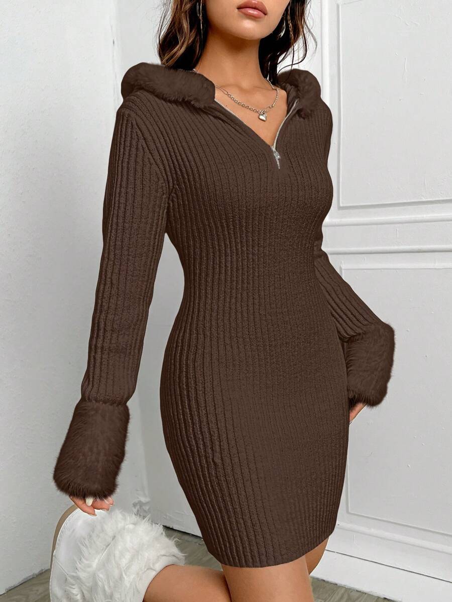 SHEIN EZwear Women Solid Color Front Zipper Fuzzy Patchwork Long Sleeve Casual Mini Sweater Dress - Coffee Brown - View 1