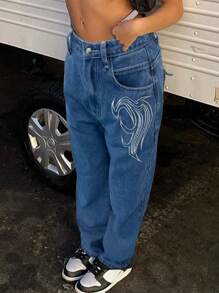 2024 Popular Straight-Leg Embroidered Denim Jeans - Medium Wash - View 7