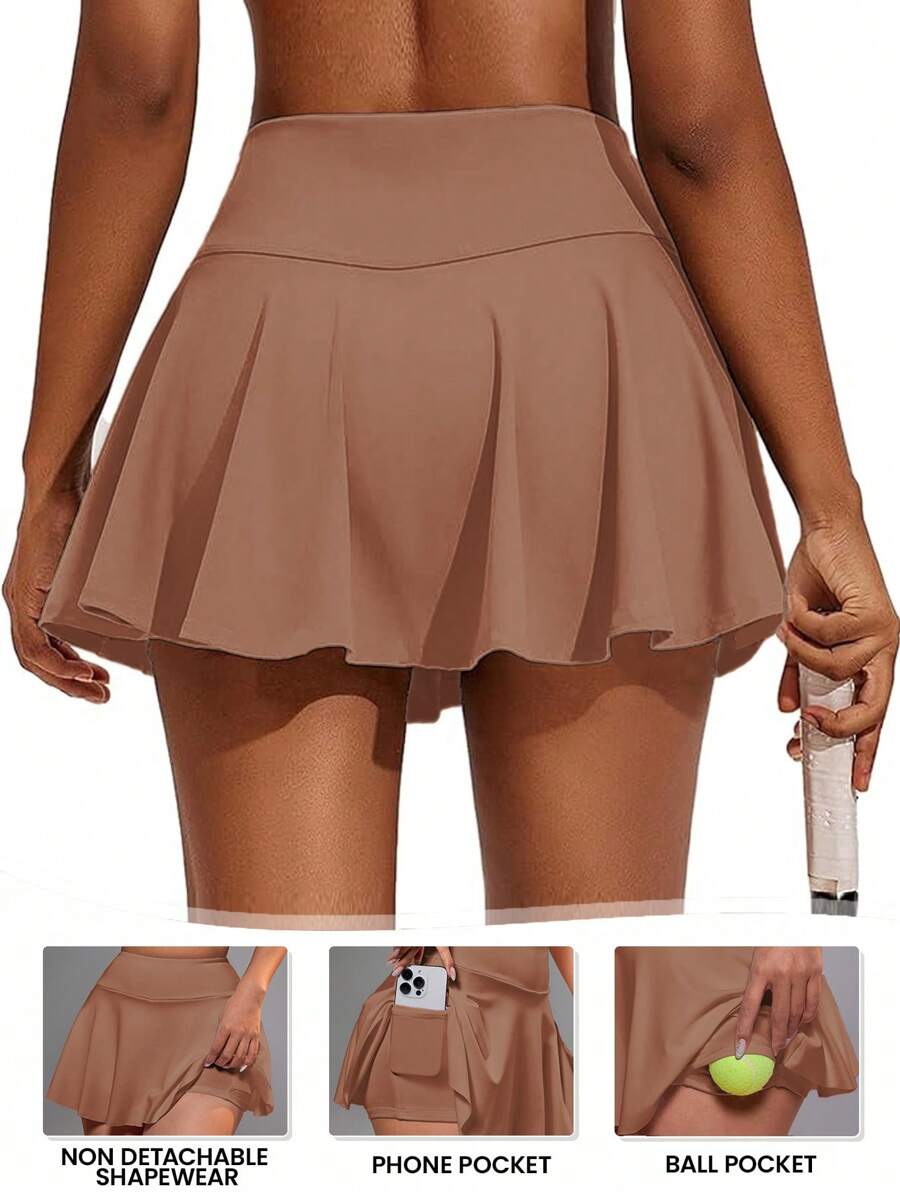 CourtClass Women's Pocket Decor Feather Ball Tennis Yoga Fitness Running Marathon Sports Skirt Athletic Skirt - Brown - View 1