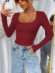 SHEIN EZwear 1 件女式纯色长袖休闲上衣 - 酒紅色 - 查看 3