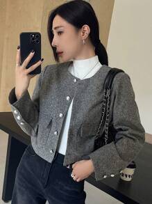 DAZY Women's Elegant Solid Color Single-Breasted Pocket Short Jacket, Suitable For Autumn/Winter,Fall Women Clothes - Grey - View 4