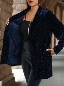 EMERY ROSE Plus Size Lapel Collar Long Sleeve Casual Jacket,Winter Coat, Autumn&Winter Women Clothes - Navy Blue - View 6