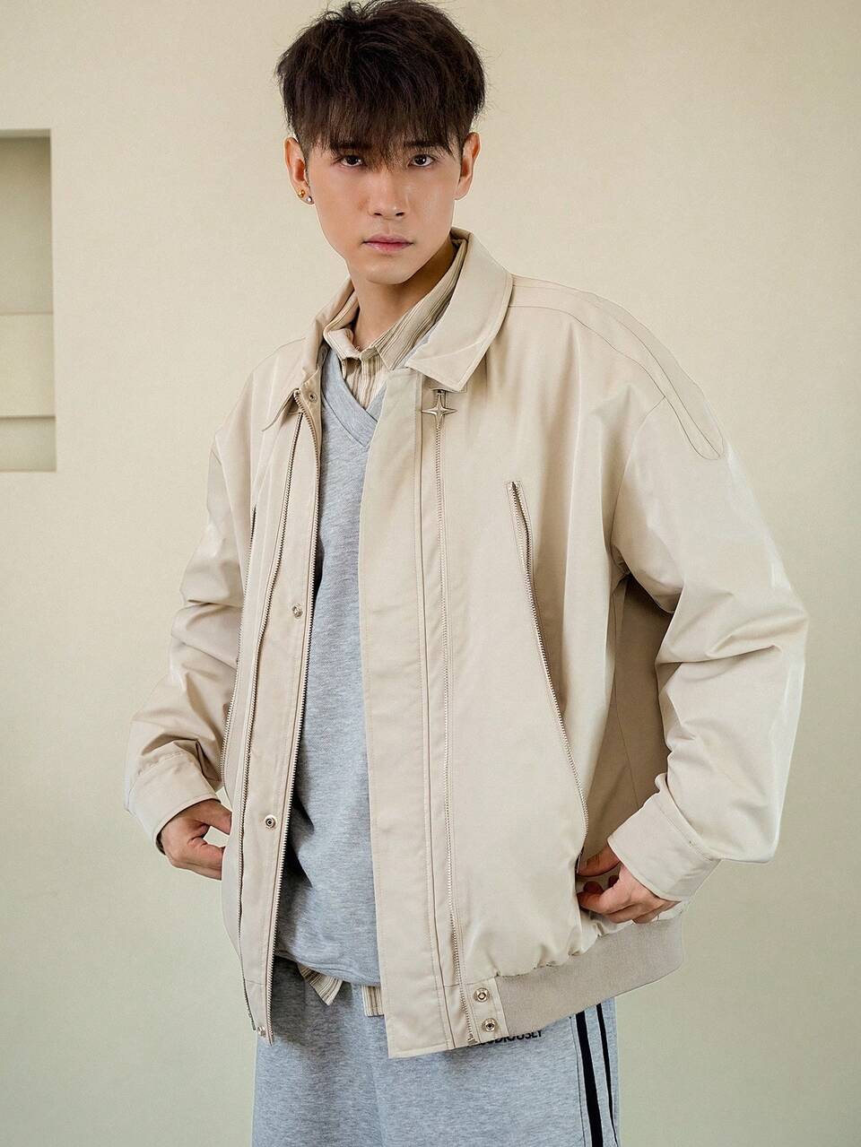 1pc Men Solid Color Front Zipper Long Sleeve Casual Jacket, Autumn