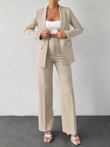 EURMUSE Ladies' Solid Color Stand Collar Blazer And Pants Suit - Beige - View 5