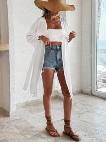 EURMUSE Tassel Trim Drop Shoulder Open Front Kimono, For Summer Beach Vacation - White - View 4