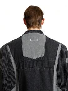 NEON BLANC 男士黑色编织街头风格字母印花拼色棉质深色长袖牛仔夹克 - 黑色 - 查看 4