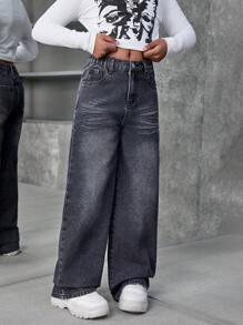 SHEIN Explorewe Jeans vaqueros rectos y sueltos de talle relajado en gris oscuro para niñas preadolescentes - Gris Oscuro - Ver 4
