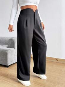 Calvaya Black Plus Size Casual Minimalist Petal Waist Versatile Fashion Suit Pants - Black - View 4