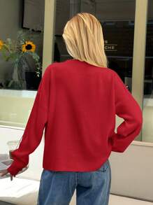 EURMUSE Woman Loose Fit Comfy Warm Rhinestones Detailed Sweater - Red - View 2