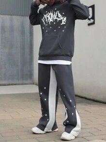 Manfinity EMRG Men's Casual Sports Letter & Star Print Kangaroo Pocket Hoodie And Pants Set, Autumn - Dark Grey - View 3