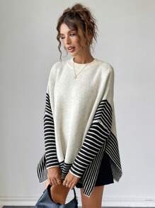 SHEIN Unity Sweater Pullover Longgar Lengan Kelelawar Motif Garis Kasual Wanita, Atasan Lengan Panjang, Pullover Rajut Musim Gugur Musim Dingin - MultiWarna - View 3