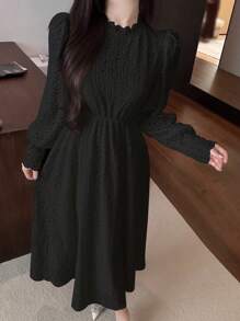 DAZY 女士加厚保暖内衬蕾丝边长款白色连衣裙，秋季连衣裙，保暖内衬 - 黑色 - 查看 2