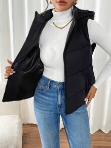 SHEIN Frenchy 女士纯色前拉链连帽加垫背心，冬季