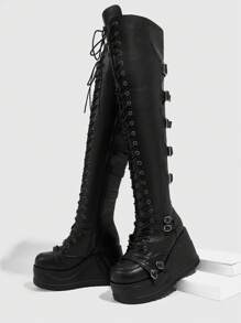 Sugerpunk 女士朋克风厚底过膝长靴，适合春季、春假、复活节和圣诞节穿着。 - 黑色 - 查看 2