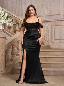 SHEIN Belle 加大码咖啡色蕾丝透视腰部系带高开叉露肩低胸优雅性感正式礼服，适合宴会或派对，黑色舞会晚礼服，适合婚礼嘉宾、毕业典礼、晚宴