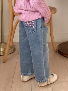 Dazy Kids 年轻女孩休闲直筒牛仔裤，蝴蝶刺绣，百搭，秋季 - 淺色水洗藍 - 查看 4