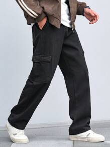 Manfinity Homme Quần Jeans Denim Màu Trơn Dáng Rộng Có Túi Cho Nam - màu đen - Xem 4