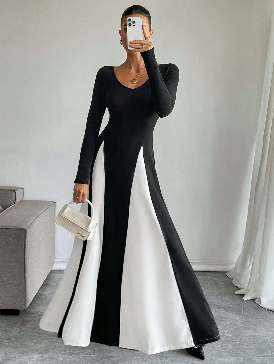 SHEIN Essnce 女装2024秋冬新款时尚V领长袖黑白拼色设计A字裙休闲时尚拼色连衣裙拼色拼接连衣裙网红博主同款风格 - 黑與白 - 查看 1