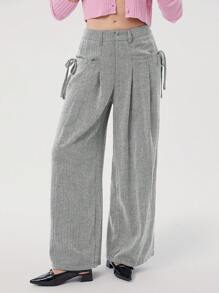 SHEIN EZwear Damenhose mit Fischgratmuster aus Wolle, weite Beine mit Schleife an den Seitentaschen, locker-lässig für Herbst und Winter - Grau - Übersicht 1