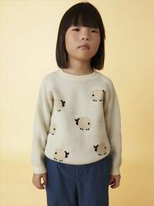 SHEIN Young Girls Round Neck Raglan Sleeve Long Sleeve Casual Cute Sheep Pattern Sweater, Suitable For Autumn And Winter - Beige - View 1
