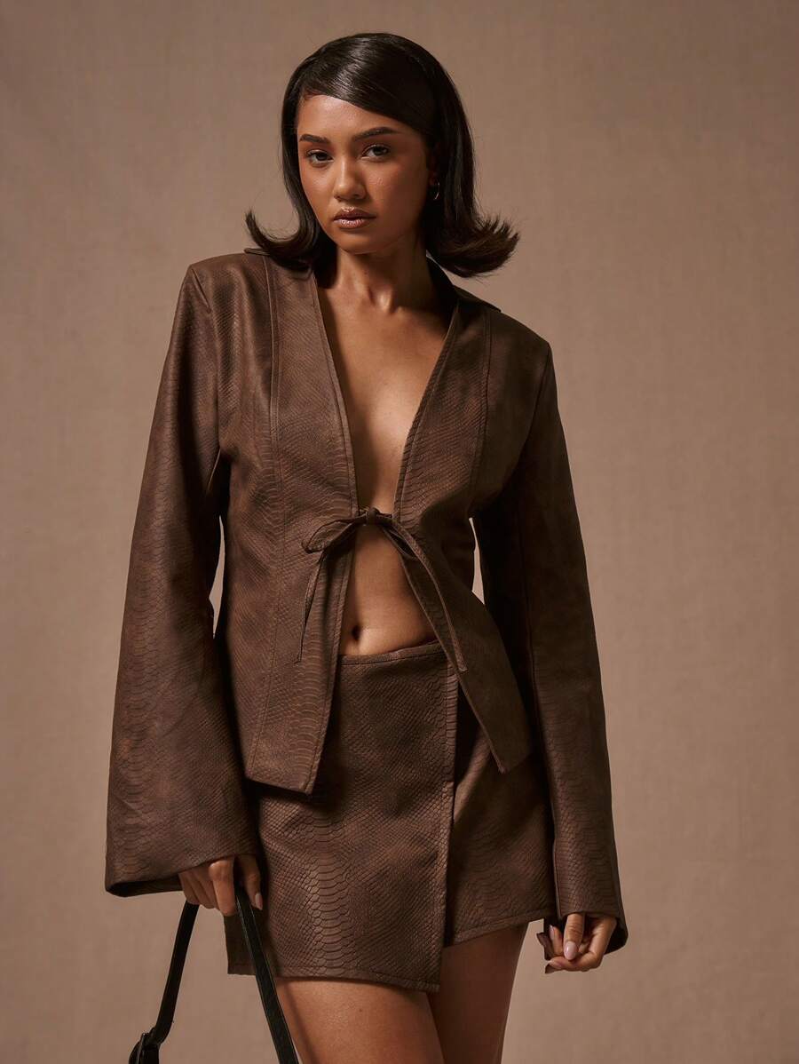 MUSERA 系带前开襟PU蛇纹印花夹克 夏季 - 棕色 - 查看 1