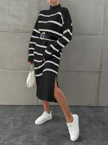 EURMUSE 女士休闲条纹立领侧开衩针织毛衣裙，适合秋冬季