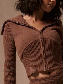 MUSERA 罗纹针织拉链开衫，舒适休闲街头风 - 棕色 - 查看 5