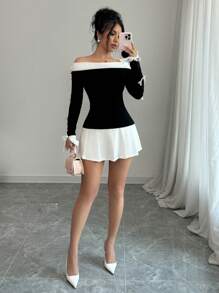SHEIN Unity New Arrival Knitted Knit Off Shoulder Long Sleeve Bow Decor Fashionable Slim Fit Pullover Sweater For Women Fall Winter - Black and White - View 4