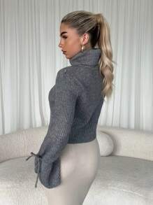 SHEIN Unity Women Plain High Neck Long Sleeve Tie Front Simple Casual Sweater, For Everyday Wear, Knit Pullover Fall Winter - Grey - View 2