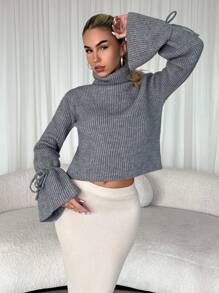 SHEIN Unity Women Plain High Neck Long Sleeve Tie Front Simple Casual Sweater, For Everyday Wear, Knit Pullover Fall Winter - Grey - View 4